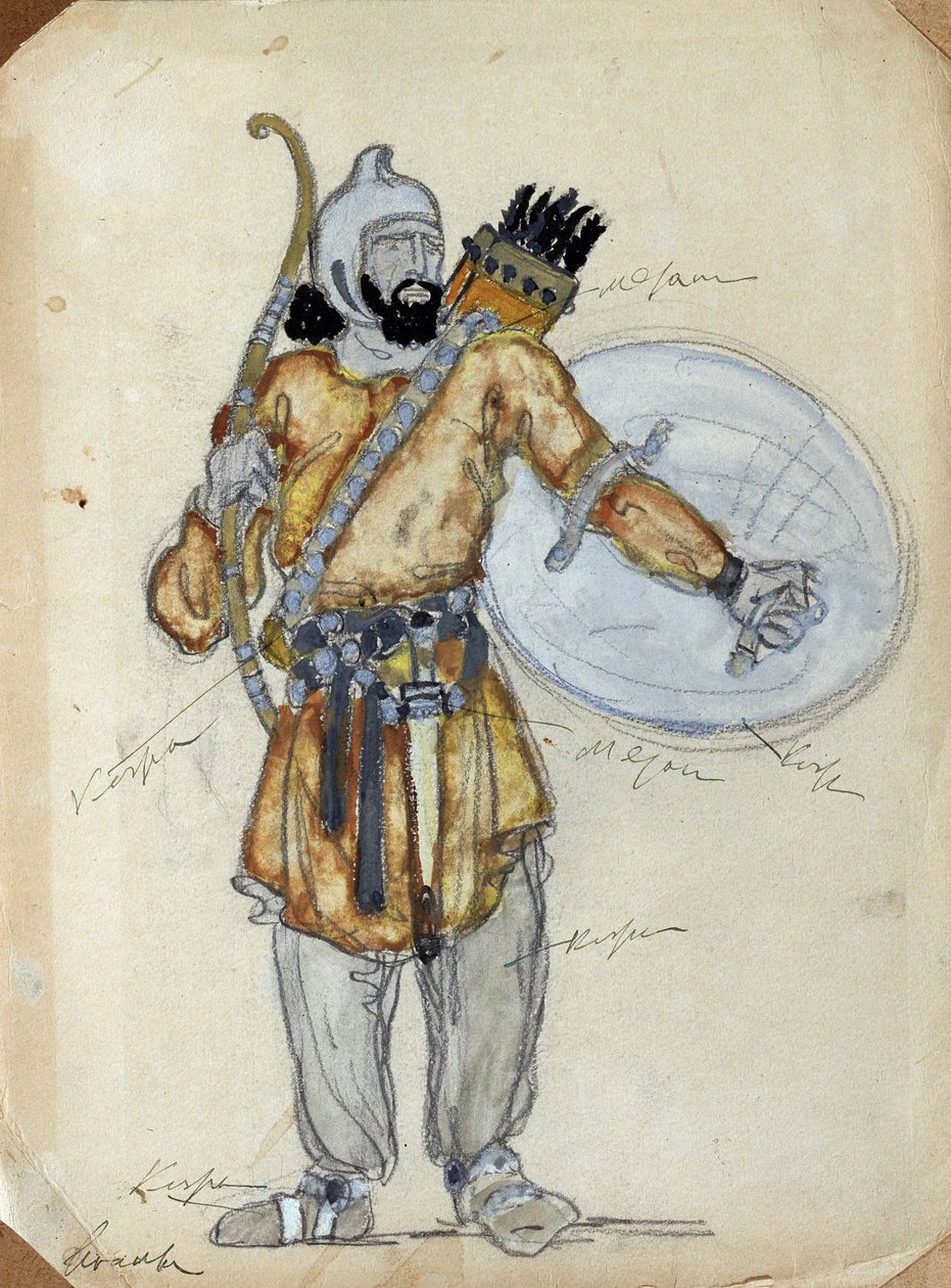 Jelmeztervezés Alekszandr Borogyin Igor herceg című operájához (1833-1887) (A. Borodin Igor herceg című operájának jelmezterve). Konsztantyin Alekszejevics Korovin (Konsztantin Korovin) (1861-1939) munkája, akvarell és gouache papíron alkotó: Konstantin Alekseevich Korovin