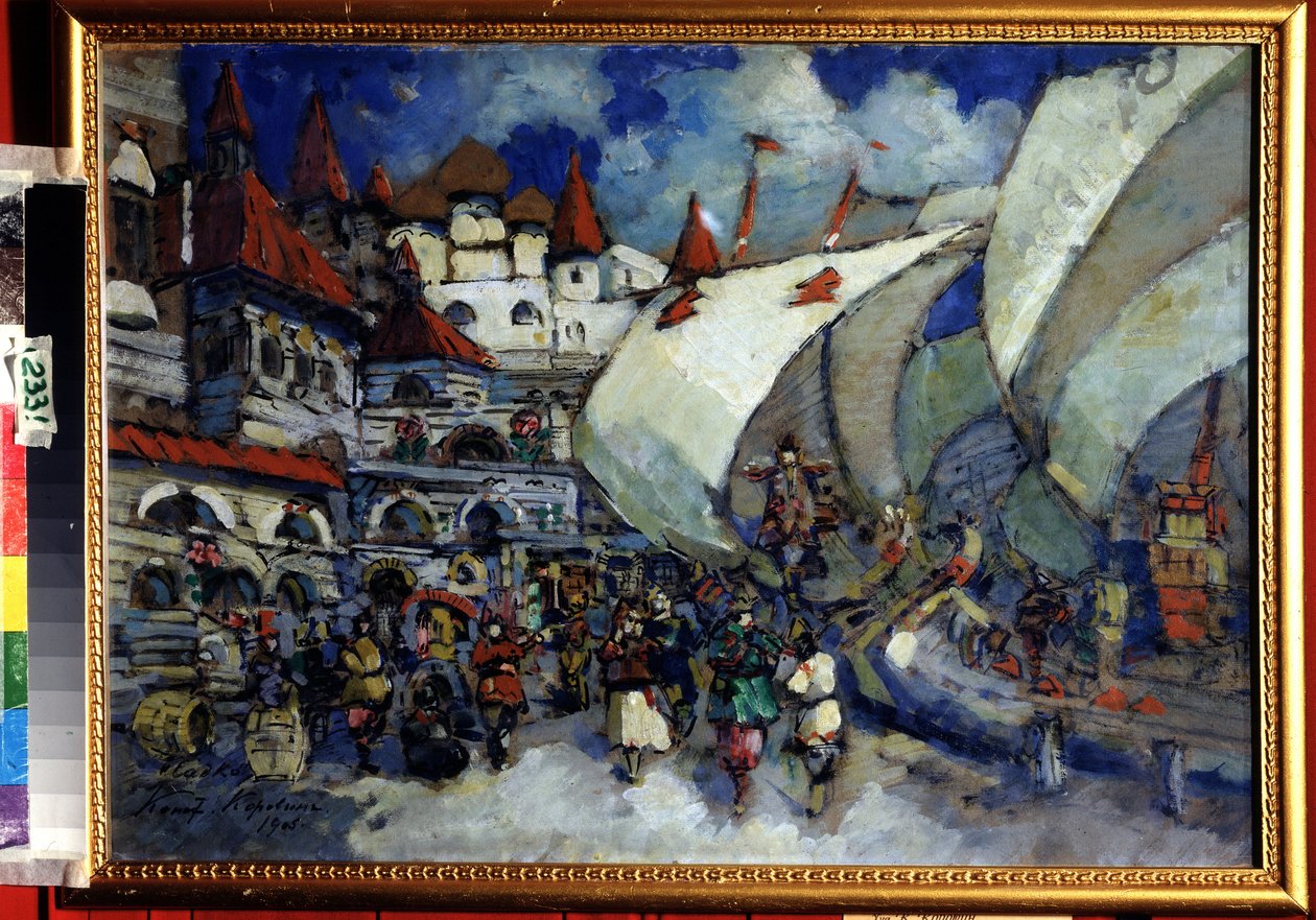 Színpadterv az Opera Sadko-hoz Nicolas (Nikolaj) Rimszkij Korszakov (Rimszkij-Korszakov) (1844-1908) (N. Rimszkij Korszakov (Rimszkij-Korszakov) Opera Sadko színpadterve. Egy város leírása és a ráépült faépületek egy animált rakpart ill alkotó: Konstantin Alekseevich Korovin