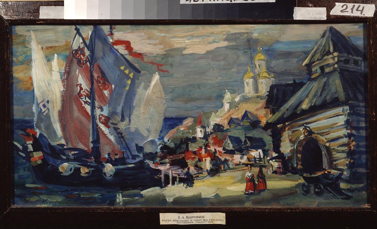 Tervezési projekt Nicolas (Nikolaj) Rimszkij Korszakov (Rimszkij-Korszakov) (1844-1908) Sadko című operájához (N. Rimszkij-Korszakov (Rimszkij Korszakov) Sadko című operájának színpadterve. Magas hajó a város rakpartján faépületekkel. alkotó: Konstantin Alekseevich Korovin