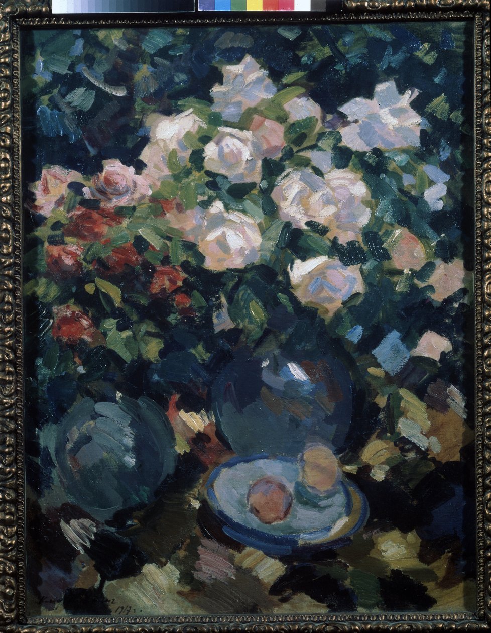 Rózsa kék kancsóban. Konsztantyin Alekszejevics Korovin (Konsztantin Korovin) festménye (1861-1939), olaj, vászon alkotó: Konstantin Alekseevich Korovin