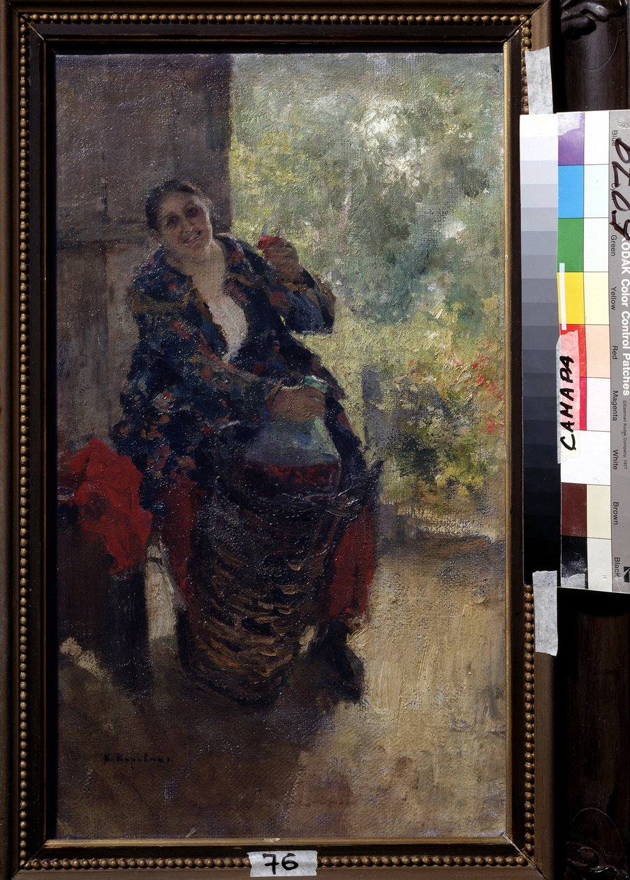 Háziasszony vagy nő egy pohár borral (A Landlady, Woman with a Glass of Wine). Egy erős ülő nő pirítósra emeli a poharát, és egy hatalmas üveg bort tart a kezében. Konsztantyin Alekszejevics Korovin (Konsztantin Korovin) festménye (1861-1939), alkotó: Konstantin Alekseevich Korovin