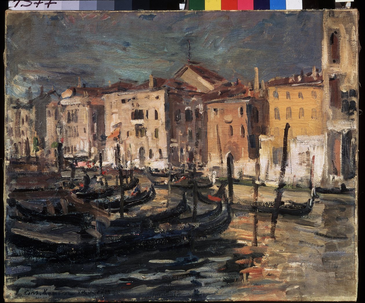 Velence (Olaszország) (Velence). A Grand Canal a velencei lagúnában, a rakpartokkal, gondolákkal és épületekkel, amelyeket a nap durva fénye világít meg. Konsztantyin Alekszejevics Korovin (Konsztantin Korovin) festménye (1861-1939), olaj, vászon alkotó: Konstantin Alekseevich Korovin