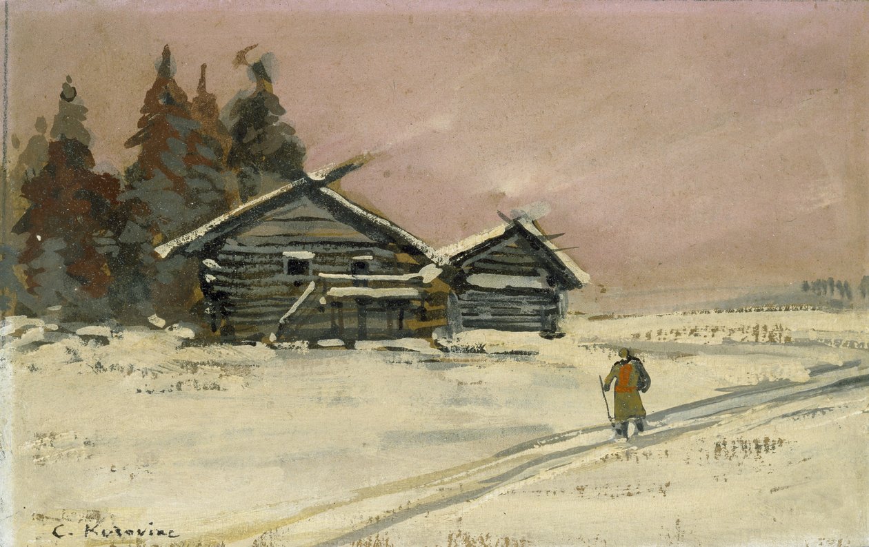 Téli táj két fakunyhóval (testszín és olaj a fedélzeten, rajzként rögzítve) alkotó: Konstantin Alekseevich Korovin