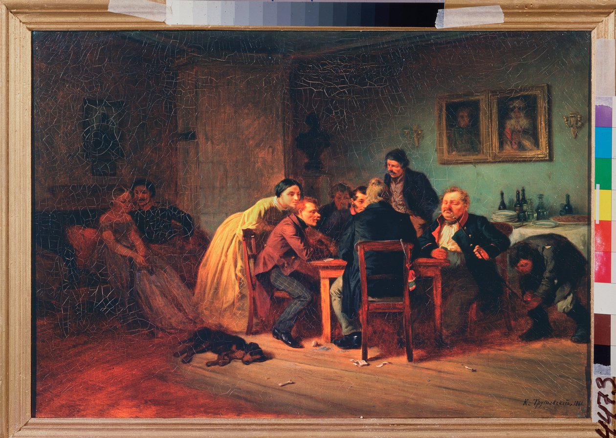 Kártyajáték - Késő este polgári belső térben - Konsztantyin Alekszandrovics Trutovszkij (Troutovszkij) (1826-1893) festménye, olaj, vászon alkotó: Konstantin Alexandrovich Trutovsky