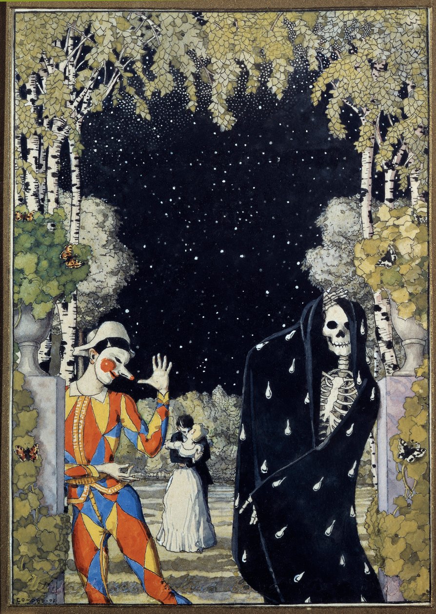 Harlekin és halál (Harlequin and Death) – Konsztantyin Andrejevics Somov (1869-1939) munkája, akvarell és gouache papíron alkotó: Konstantin Andreevic Somov