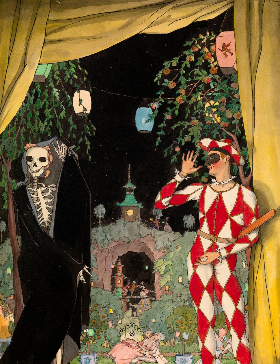 Harlekin és halál (Harlekin és halál) – Konsztantyin Andrejevics Somov (1869-1939) munkája, akvarell, gouache és tus papíron (28,5x22,5 cm) alkotó: Konstantin Andreevic Somov