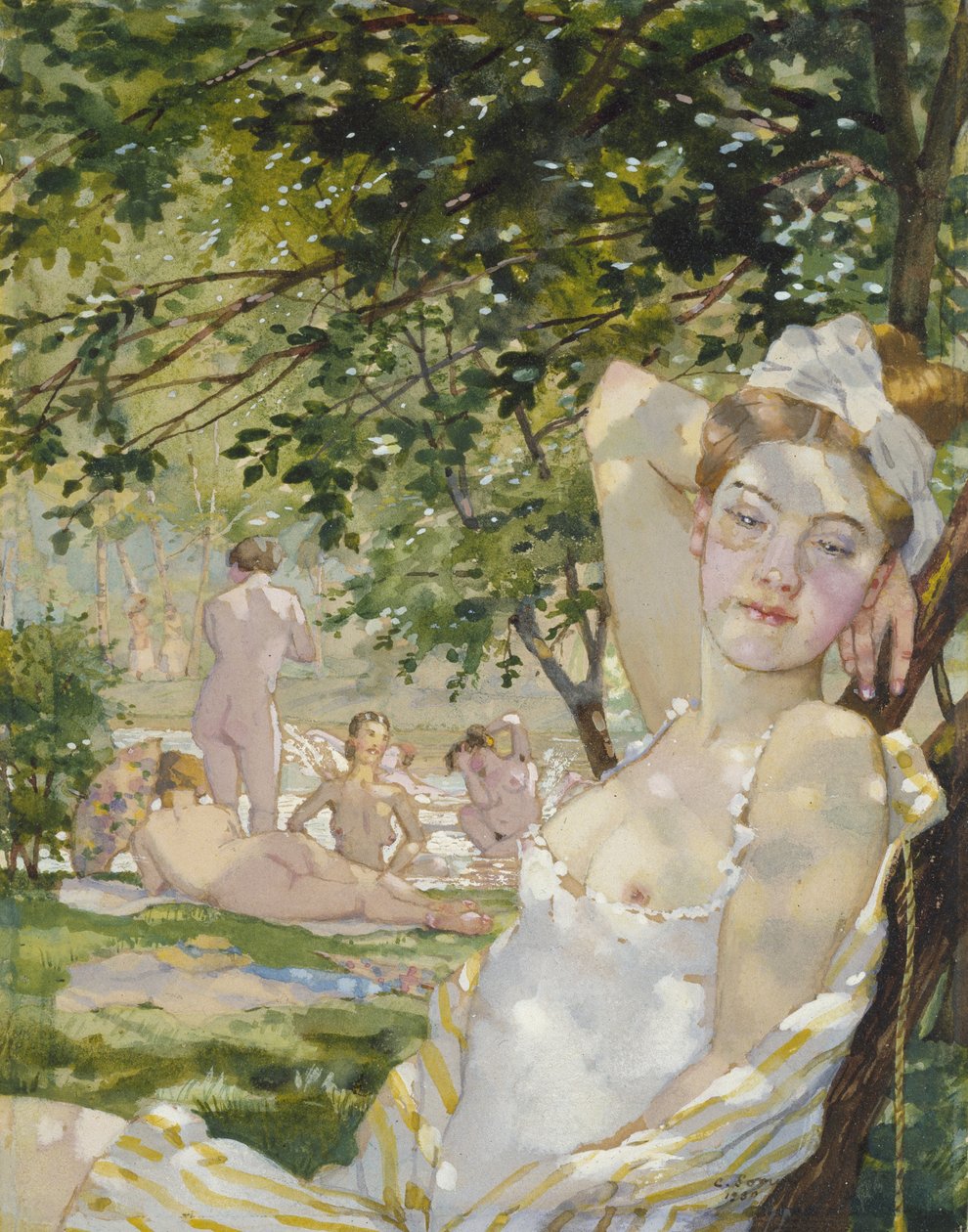Fürdőzők a Napban, 1930 (akvarell és testfesték papíron) alkotó: Konstantin Andreevic Somov