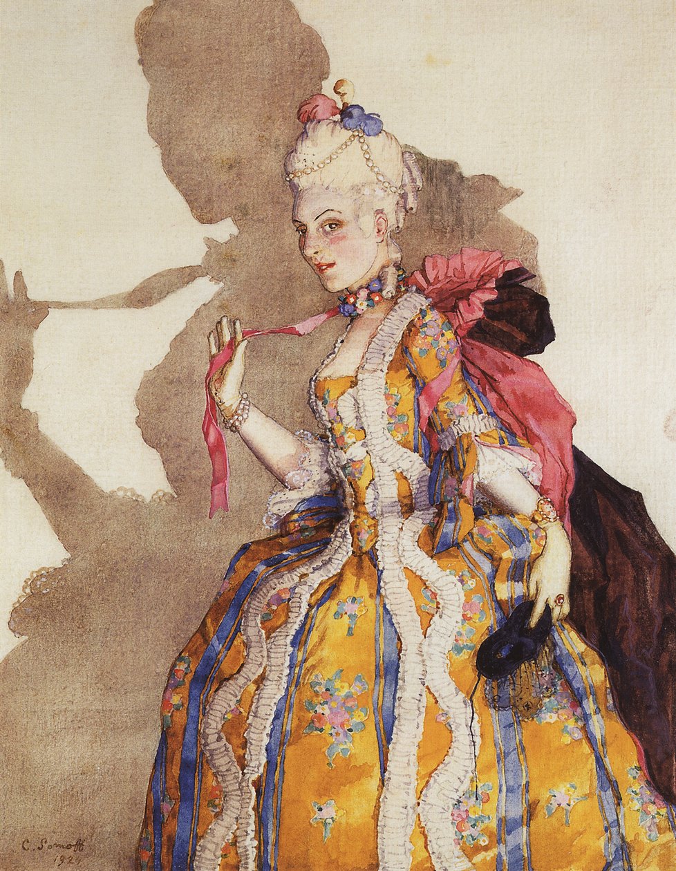 Costume pour marquise, tolmács: Tamara Karsavina (1885-1978) - Jelmeztervező Tamara Karsavina számára, mint márkiné. Zene: Mozart - Konsztantyin Andrejevics Somov (1869-1939). Akvarell, gouache, papír alkotó: Konstantin Andreevic Somov