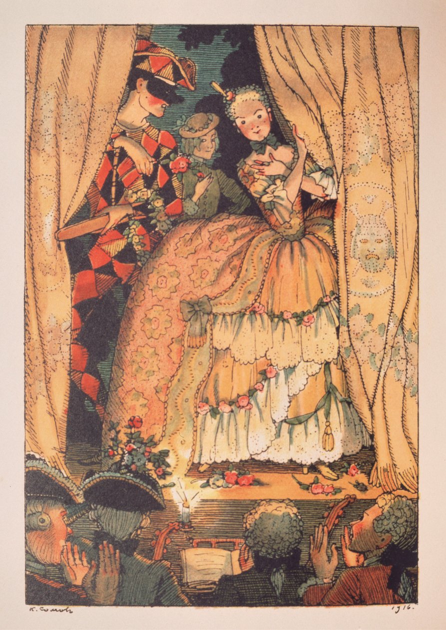 Illusztráció a "Le Livre de la Marquise"-hoz, Franz Blei (illusztráció a Marquise könyvéhez, Franz Blei) (egy márkinő felhúzza a színházi színpadfüggönyt, oldalán Harlekin) - Konstantin (Konstantin) Andrejevics Somov munkája ( 1869-19 alkotó: Konstantin Andreevic Somov