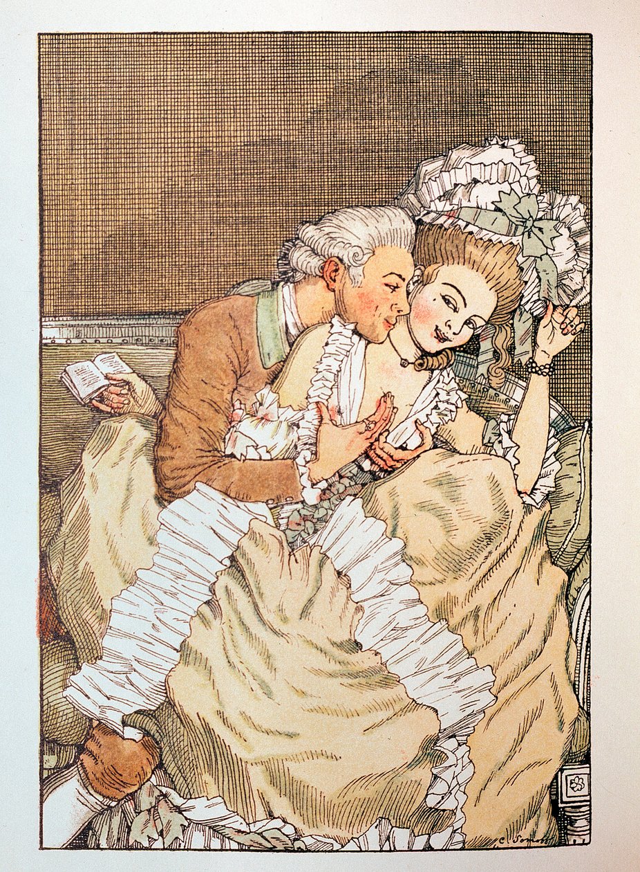 Illusztráció a "Le Livre de la Marquise"-hoz, Franz Blei (illusztráció a Marquise könyvéhez, Franz Blei) (egy türelmetlen szeretővel tréfálkozó márciusiasszony) - Konstantin (Konsztantyin) Andrejevics Somov (1869-1939) munkája, rézkarc alkotó: Konstantin Andreevic Somov
