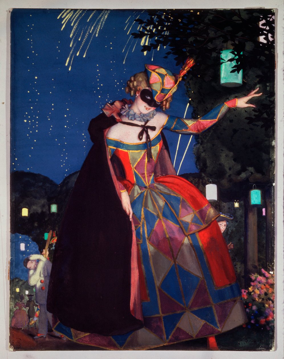 Columbine nyelve. Konstantin (Konsztantyin) Andrejevics Somov (1869-1939) munkája, akvarell és gouache kartonon alkotó: Konstantin Andreevic Somov