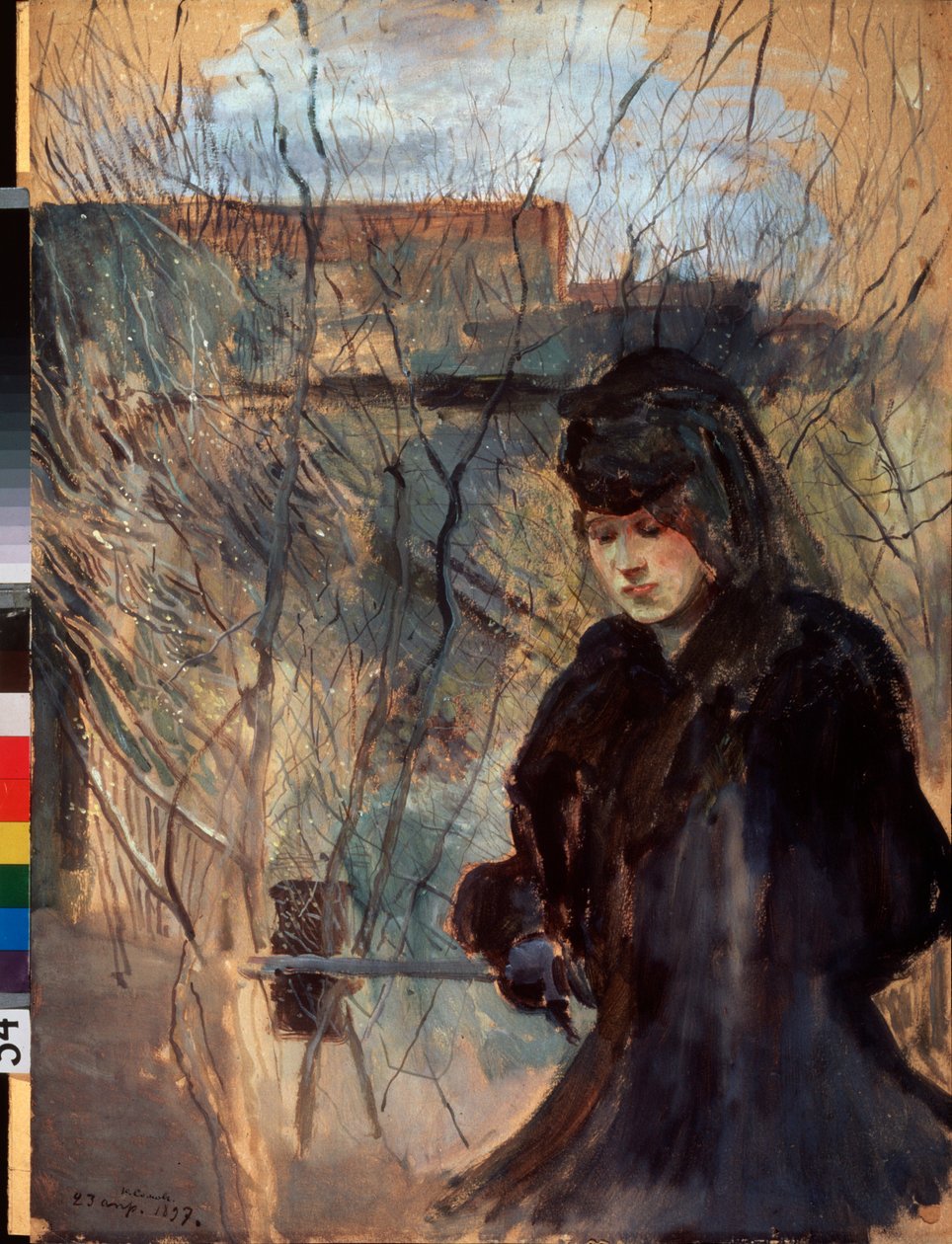 Printemps (tavasz) (Feketébe öltözött nő, melankolikusan néz lefelé, vékony korlátra támaszkodva) – Konstantin (Konsztantyin) Andrejevics Somov (1869-1939) munkája, akvarell és gouache kartonon alkotó: Konstantin Andreevic Somov