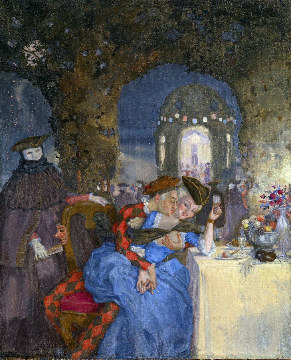 ""Rendez-vous"" Pár tréfálkodik egy nyári bulin, álarcos szereplők tekintete alatt Konsztantyin Somov (1869-1939) festménye - 1918 körül - Olaj, vászon Mérete 27x22 cm Magángyűjtemény alkotó: Konstantin Andreevic Somov