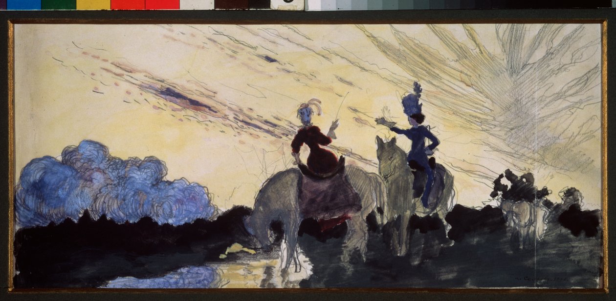 Séta. (Két lovas figyeli az eget és a tájat). Konstantin (Konsztantyin) Andrejevics Somov (1869-1939) munkája, ceruza és gouache papíron alkotó: Konstantin Andreevic Somov