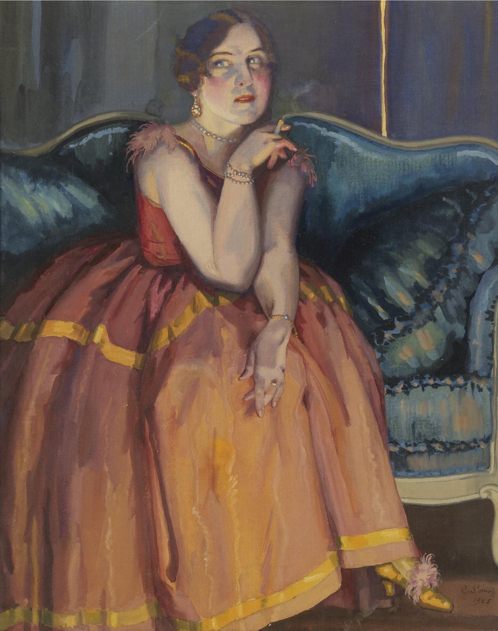 Nő cigarettázik a kanapén alkotó: Konstantin Andreevic Somov