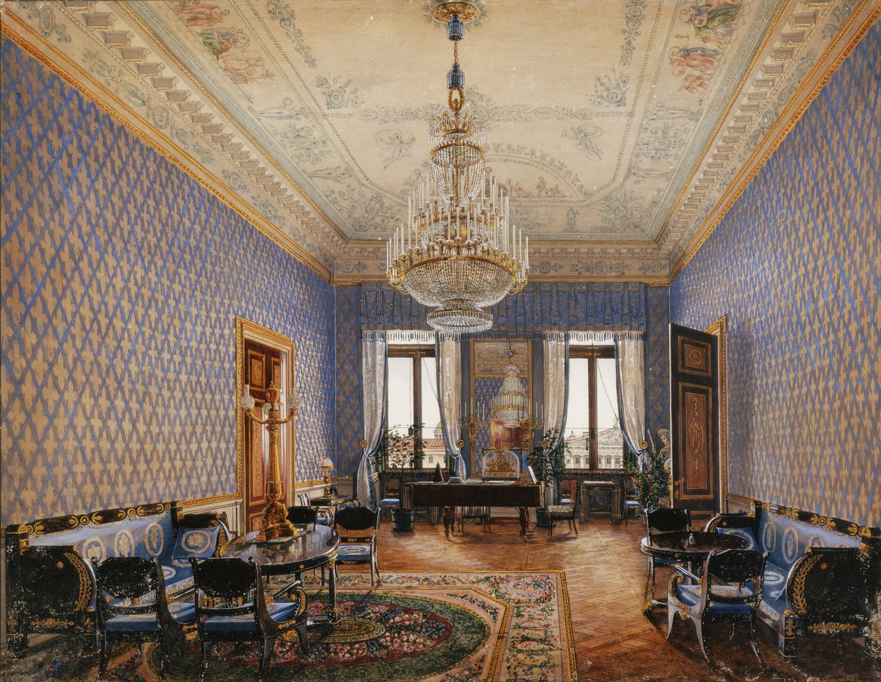 A Téli Palota belső terei. Mária Nyikolajevna nagyhercegnő szalonja, 1837 alkotó: Konstantin Andreyevich Ukhtomsky