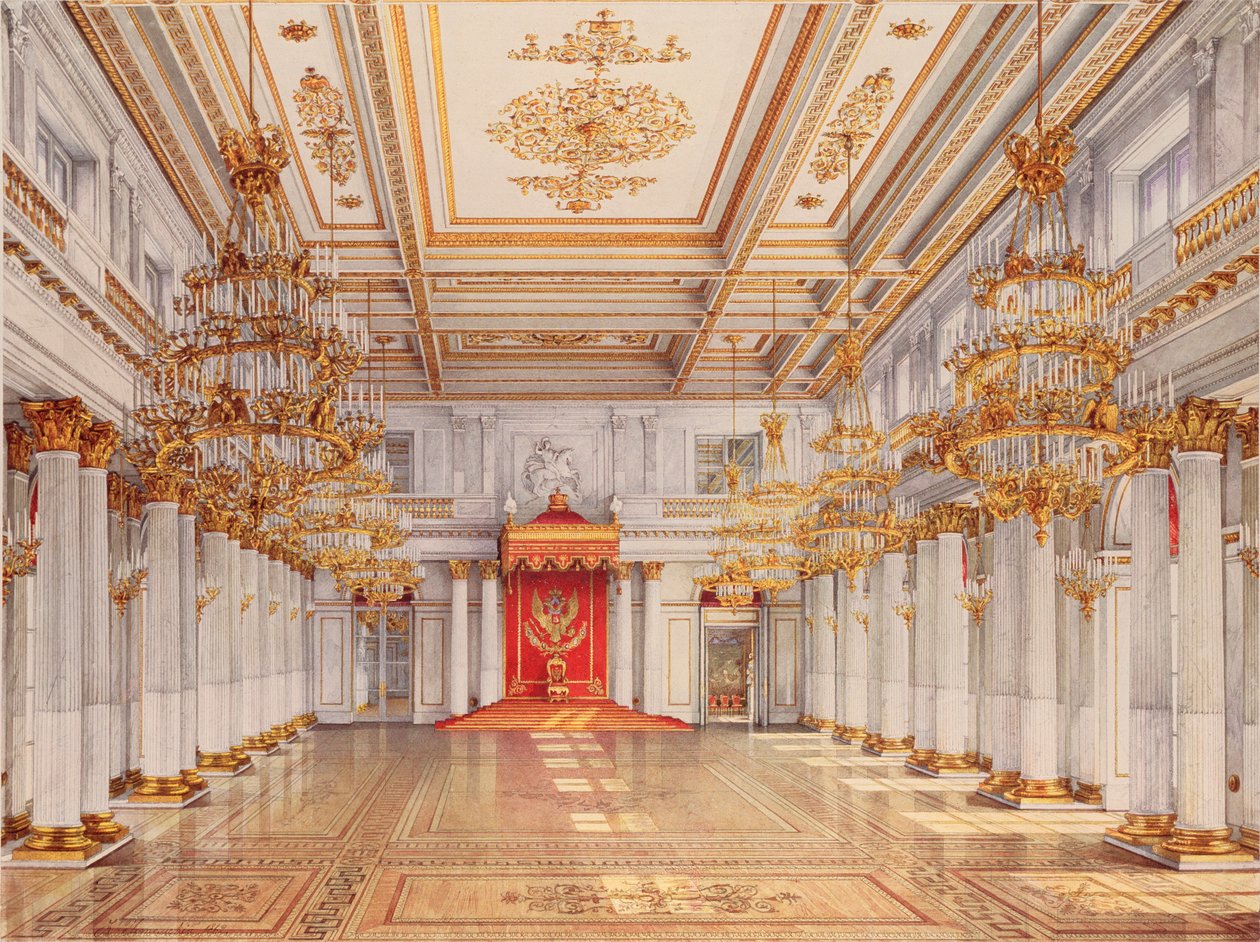 A Szentpétervári Téli Palota György-terem, Nagy Trónterem - Konsztantyin Andrejevics Ukhtomszkij (1818-1881) alkotása, akvarell, a padon alkotó: Konstantin Andreyevich Ukhtomsky