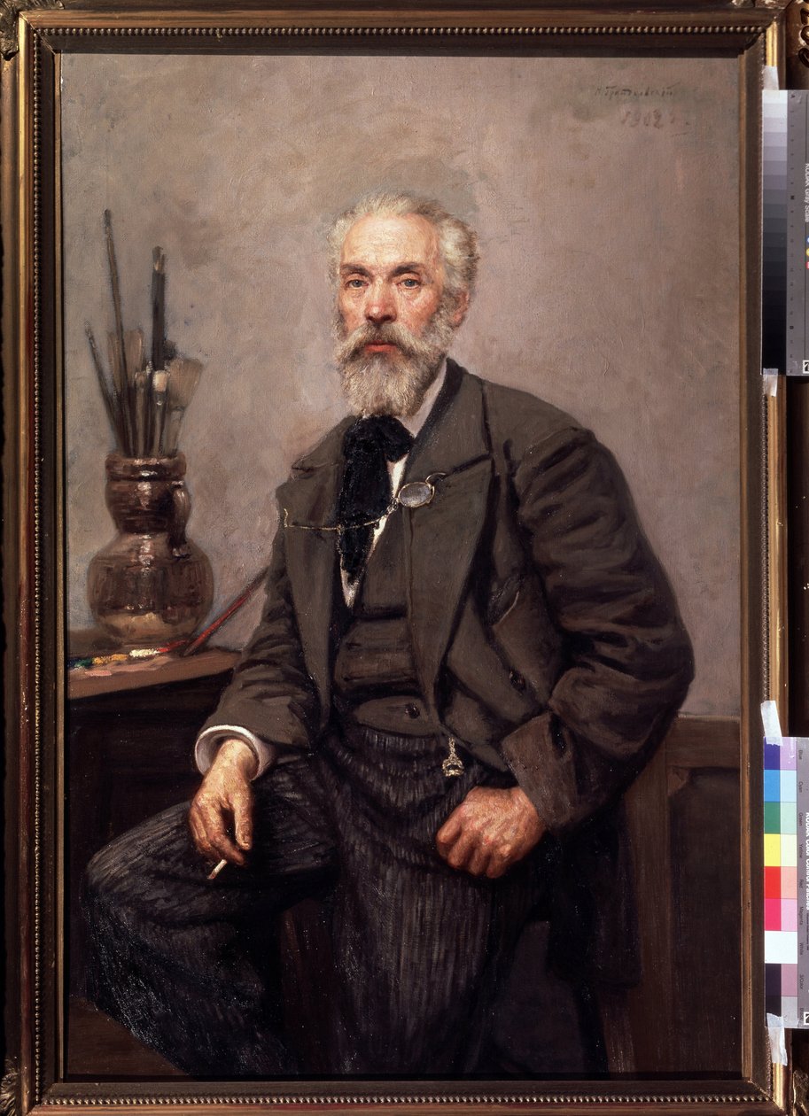 Konstantin Savitsky (1844-1905) művész portréja (K. Savitsky művész portréja). Nyikolaj Karlovics Grandkovszkij (1864-1907) festménye, olaj, vászon alkotó: Konstantin Apollonovich Savitsky