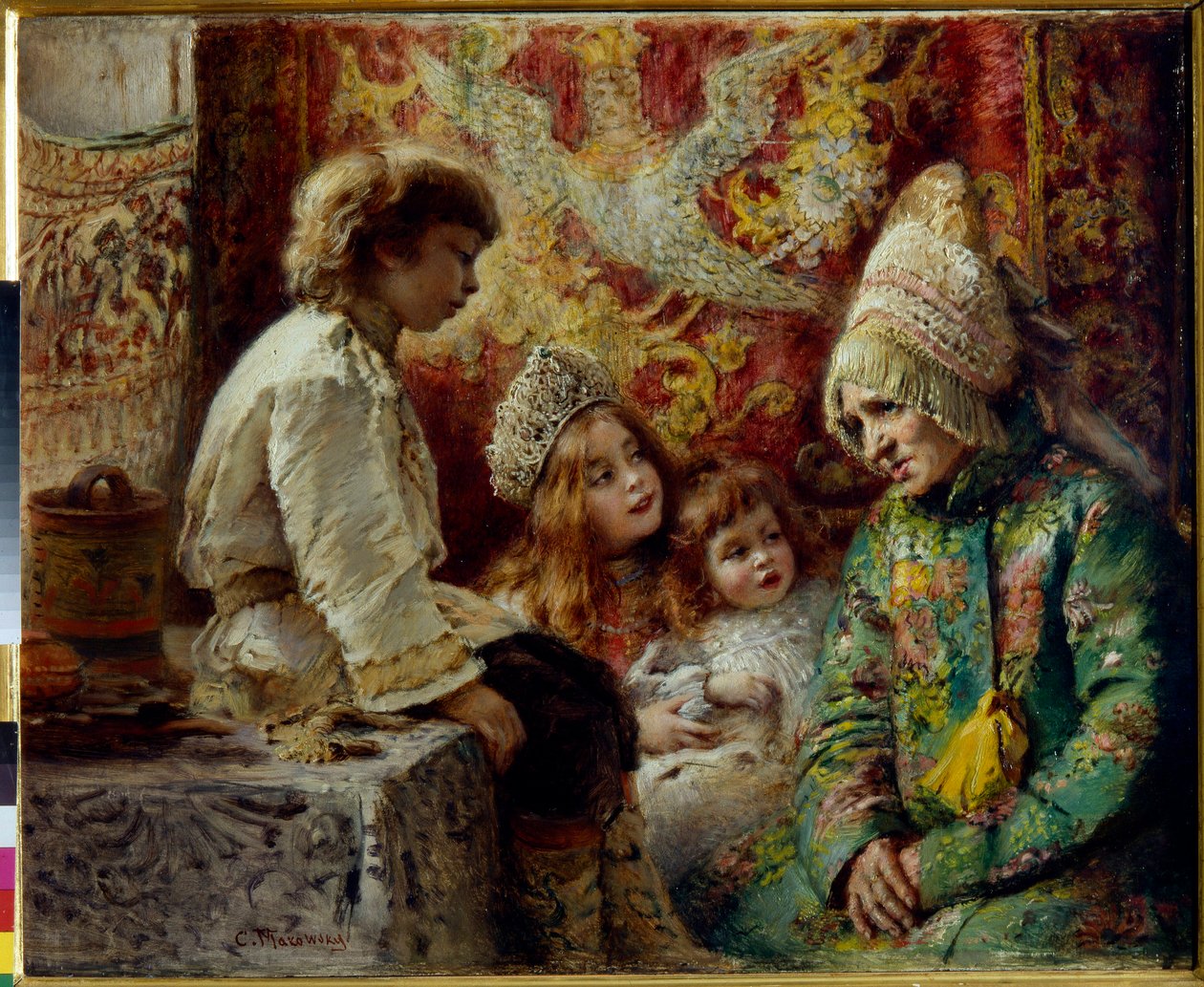Nagymama gyerekekkel (Nagymama tündérmese) - Makovszkij, Konsztantyin Jegorovics (1839-1915) - 1882 - Olaj, fa - Állami Szabadtéri Múzeum Pavlovszk Palota, Szentpétervár alkotó: Konstantin Egorovich Makovsky