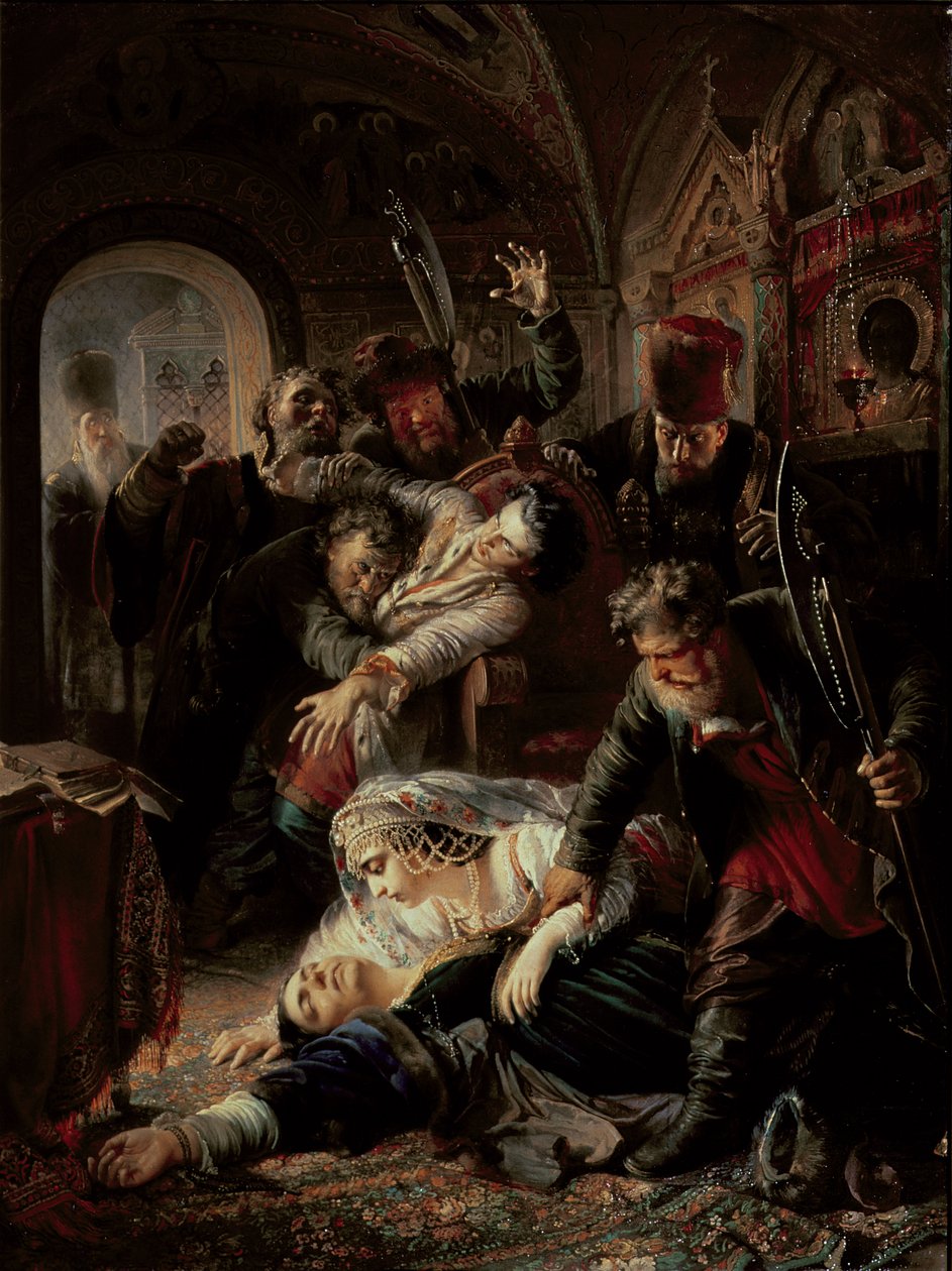 Bérelt bérgyilkosok megölték Borisz Fjodorovics cárt, Godunov fiát alkotó: Konstantin Egorovich Makovsky