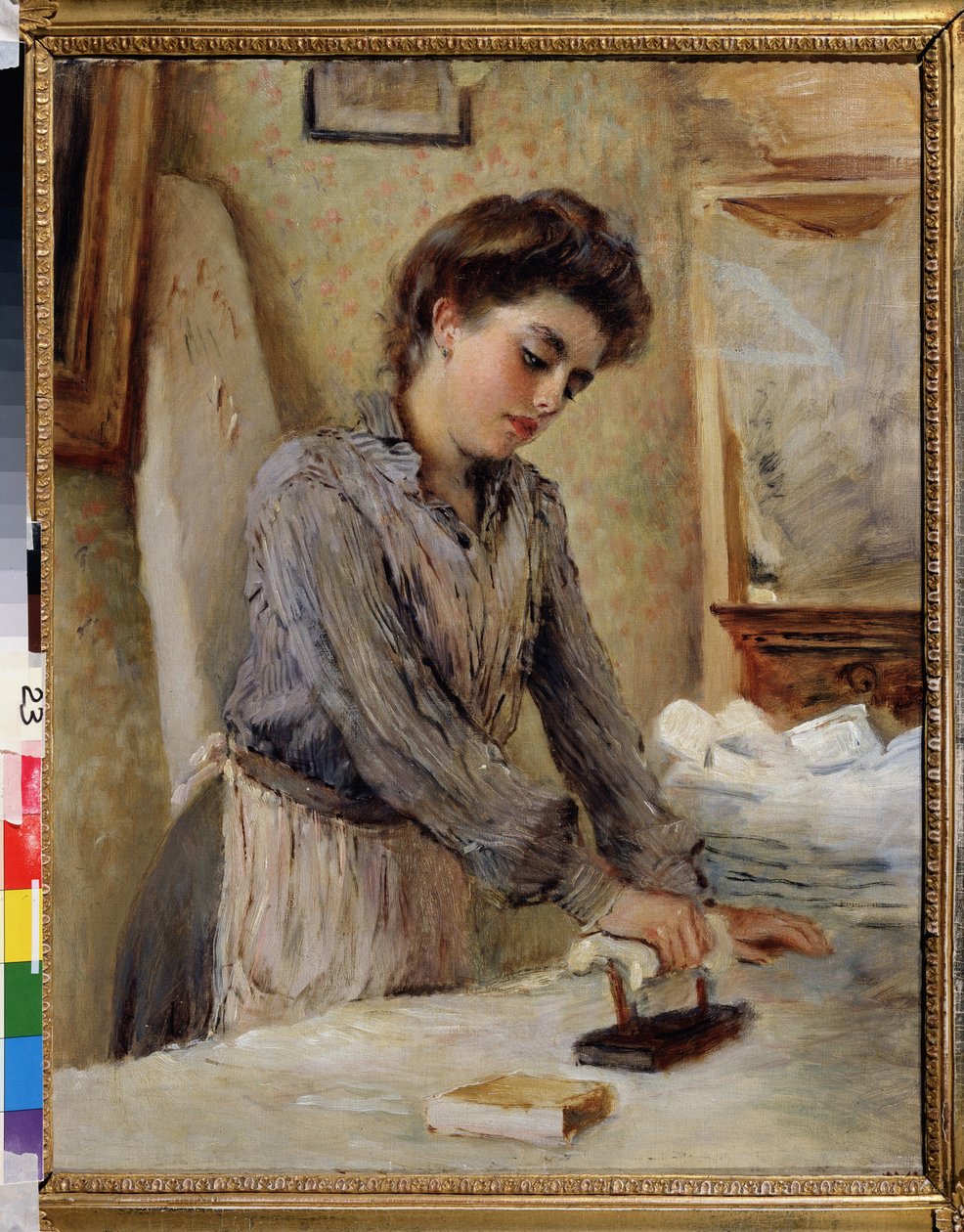 A vasaló - Woman ironing (Woman Ironing). Konsztantyin Jegorovics Makovszkij (Konsztantin Makovszkij) (1839-1915) festménye, olaj, vászon, 1900 körül. Orosz művészet 19. század vége-XX. század eleje. Állami Szabadtéri Múzeum, Rostov Kreml, Rostov (Oroszors alkotó: Konstantin Egorovich Makovsky