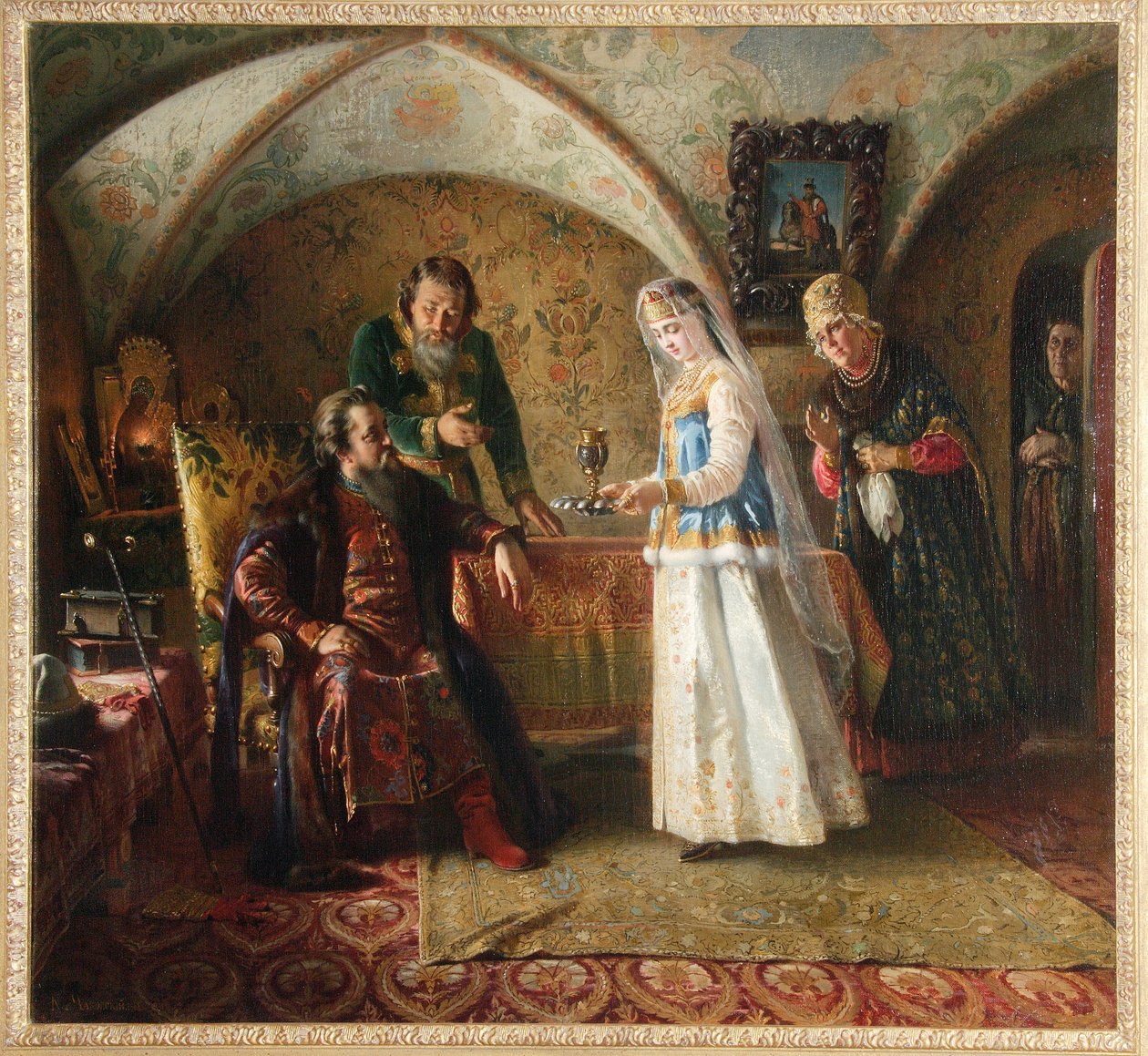 Mindennapi élet egy orosz bojárban (boiard, boiar) a XVII. (Az orosz bojár mindennapjaiból a 17. században). A Moszkvai Nagyhercegség domostroyjában egy menyasszonyi ruhát viselő fiatal nőt ajándékoznak férjének. Ő alkotó: Konstantin Egorovich Makovsky