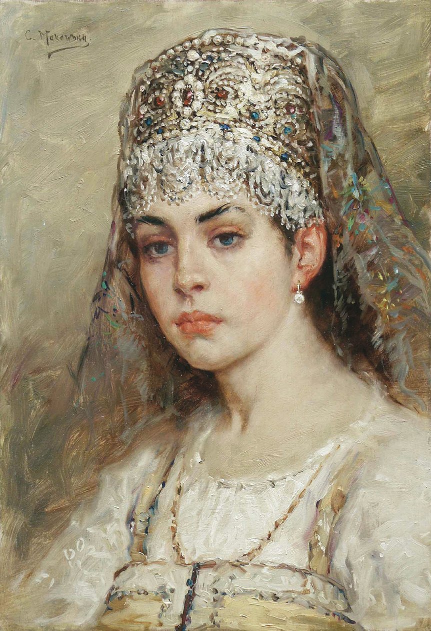 Bojár nő portréja (boiard, boiar): szarafán ruhában van, fején kokoshnik, hagyományos frizura - Konsztantyin Jegorovics Makovszkij (Konsztantin Makovski) festménye (1839-1915) alkotó: Konstantin Egorovich Makovsky