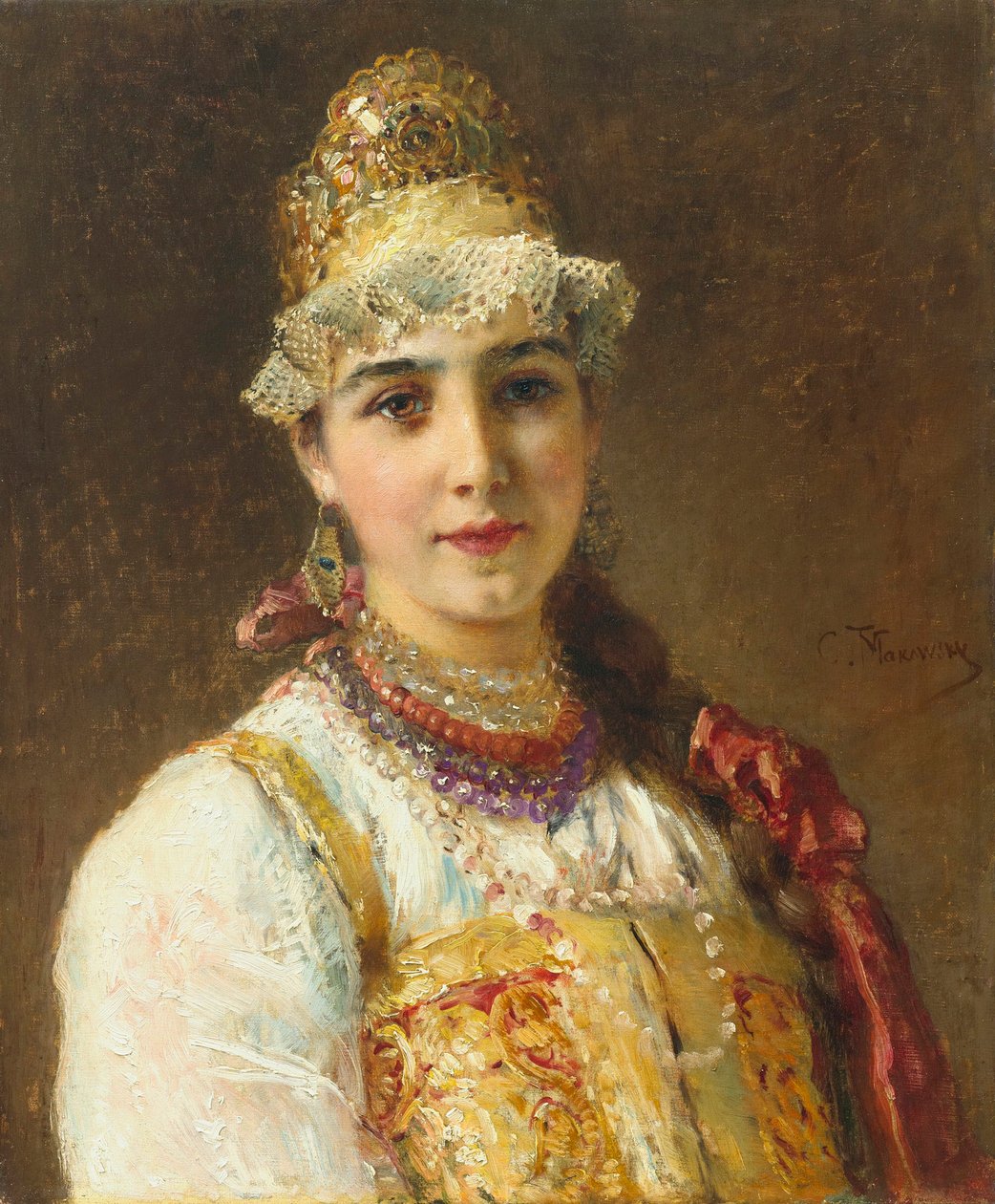 Bojár nő portréja (boiard, boiar): szarafán ruhában van, fején kokoshnik, hagyományos frizura - Konsztantyin Jegorovics Makovszkij (Konsztantin Makovski) festménye (1839-1915) alkotó: Konstantin Egorovich Makovsky