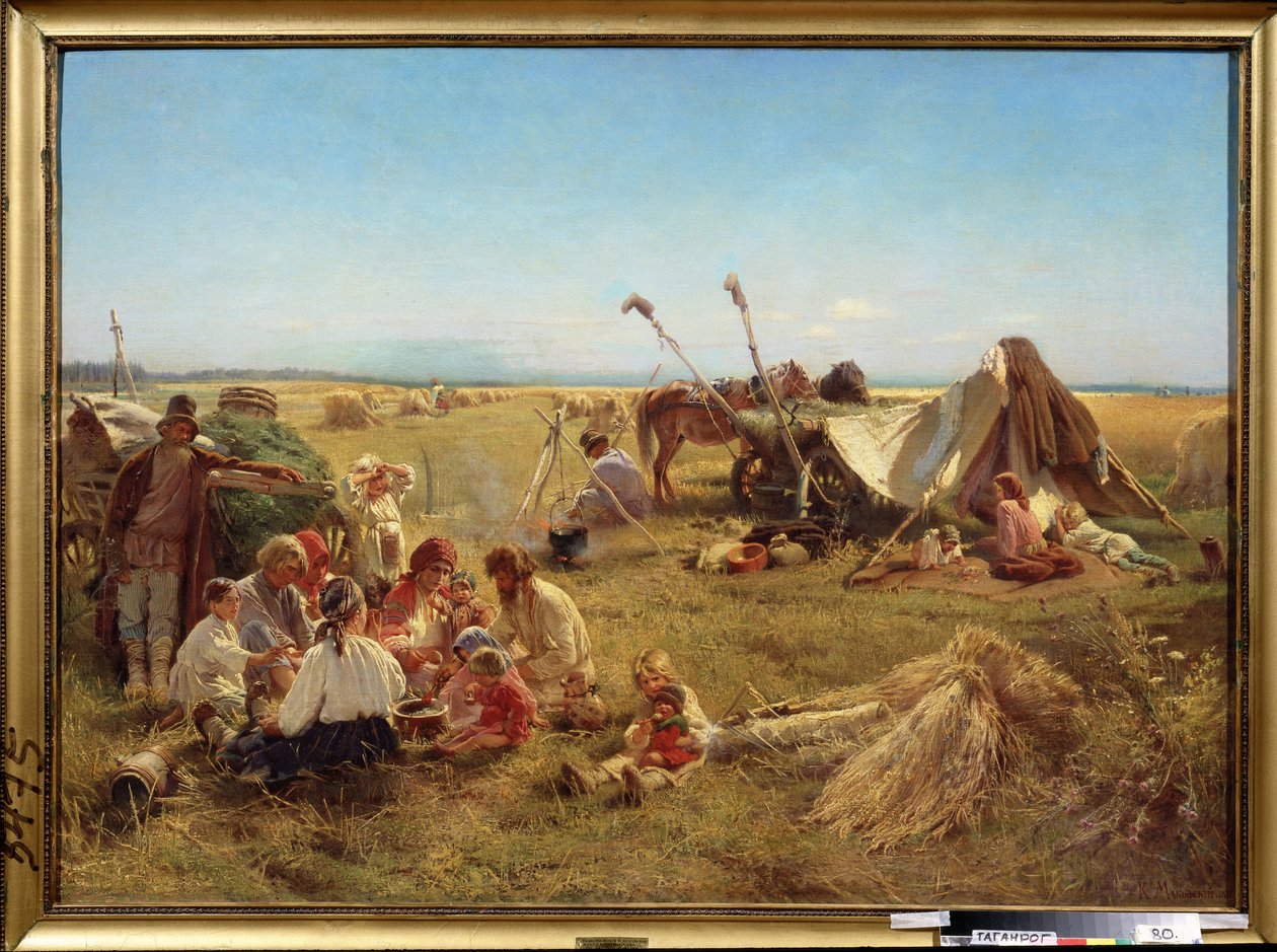 A parasztok étkezése a betakarítási időszakban. (Parasztétkezés aratáskor). Konsztantyin Jegorovics Makovszkij (Konsztantin Makovszkij) (1839-1915) festménye, olaj, vászon alkotó: Konstantin Egorovich Makovsky
