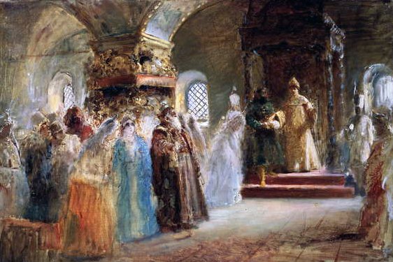 Alekszej Michailovics cár (1629-76) menyasszonyt választ alkotó: Konstantin Egorovich Makovsky