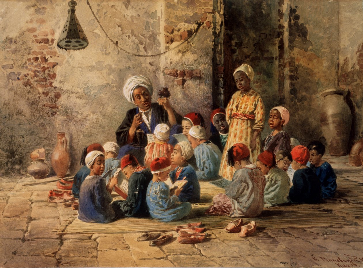 Egy iskola Kairóban (Egyiptom). (Egy iskola Kairóban). Egy tanár kikérdezi a fiúkat egy osztályteremben, amely egy padlószőnyegen van elrendezve. Egy fiú áll a többiek között, ülve és a tankönyvüket olvassa, a szőnyeget cipők veszik körül alkotó: Konstantin Egorovich Makovsky