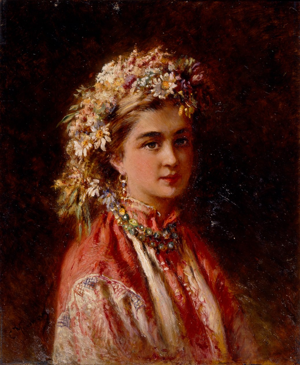 Fiatal lány virágfüzérrel alkotó: Konstantin Egorovich Makovsky