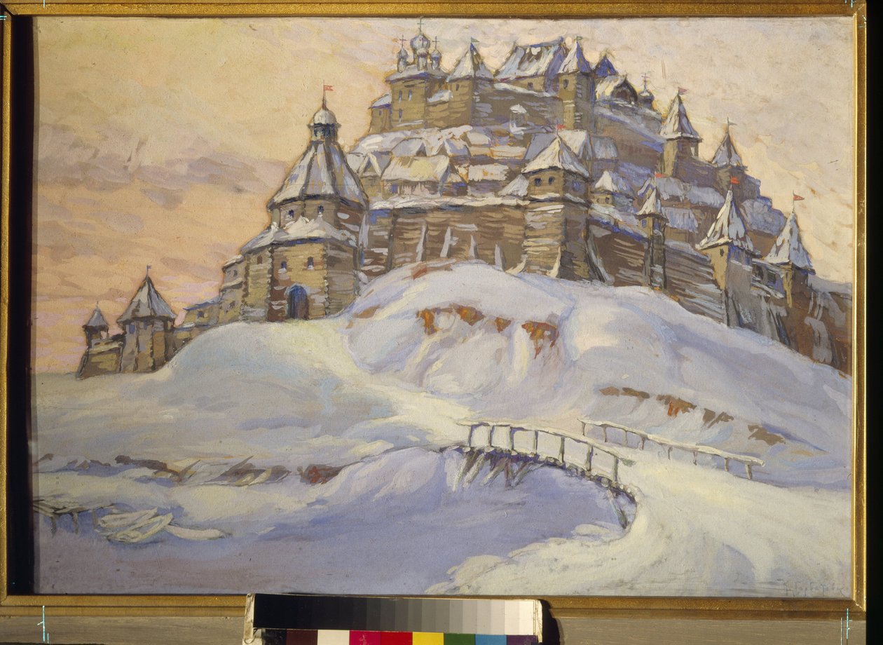 Régi orosz erőd. (Fából készült erődváros, hó alatt Ukrajnában a középkorban). Konstantin (Konsztantyin) Ivanovics Gorbatov (1876-1945) munkája, tempera fára, XX. század eleje. Magángyűjtemény. alkotó: Konstantin Ivanovich Gorbatov