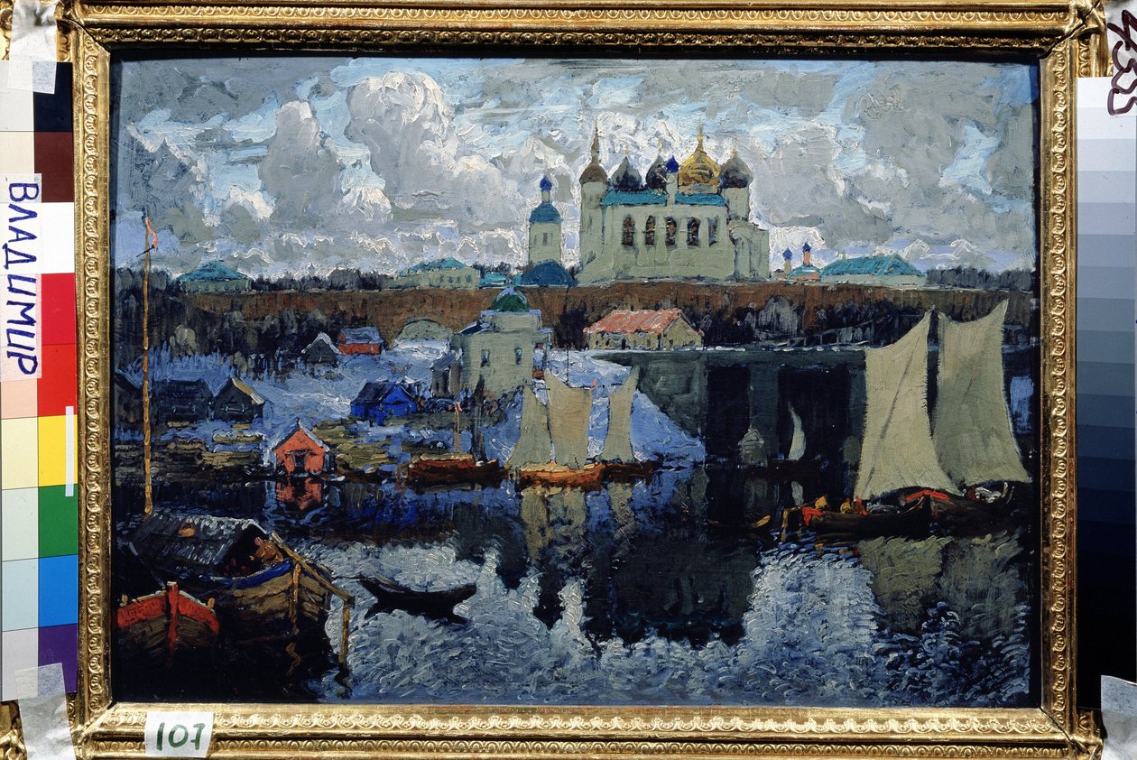 A híd Novgorodban (Oroszország) (Novgorod, Pier). Konstantin (Konstantin) Ivanovics Gorbatov (1876-1945) festménye, olaj, vászon alkotó: Konstantin Ivanovich Gorbatov