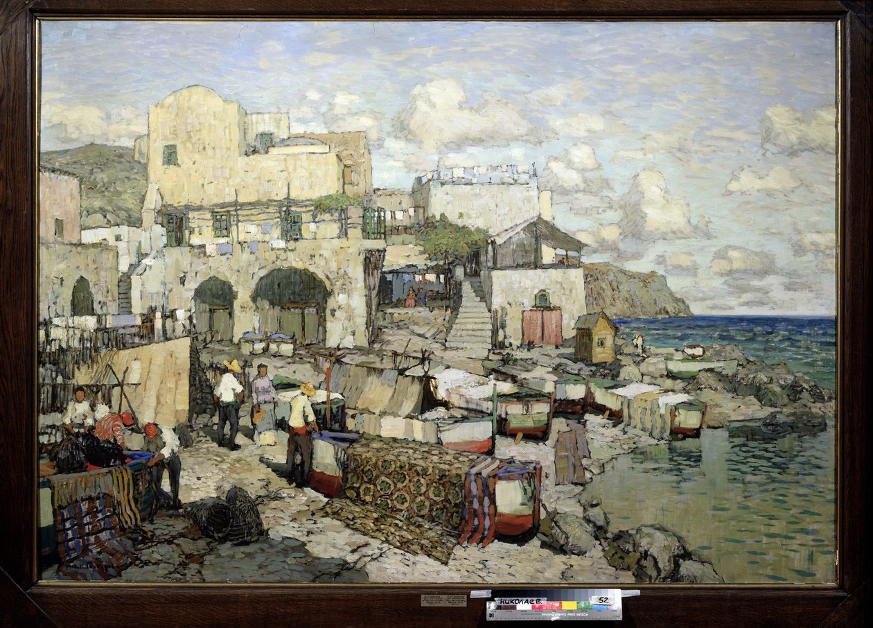 Kilátás Capri szigetére (Olaszország). (Kilátás a Capri-szigetre). Konstantin (Konsztantyin) Ivanovics Gorbatov (1876-1945) festménye, olaj, vászon. 20. századi orosz művészet, realizmus. Regionális W. Wereshchagin Művészeti Múzeum, Mikolajiv (vagy Nyikola alkotó: Konstantin Ivanovich Gorbatov