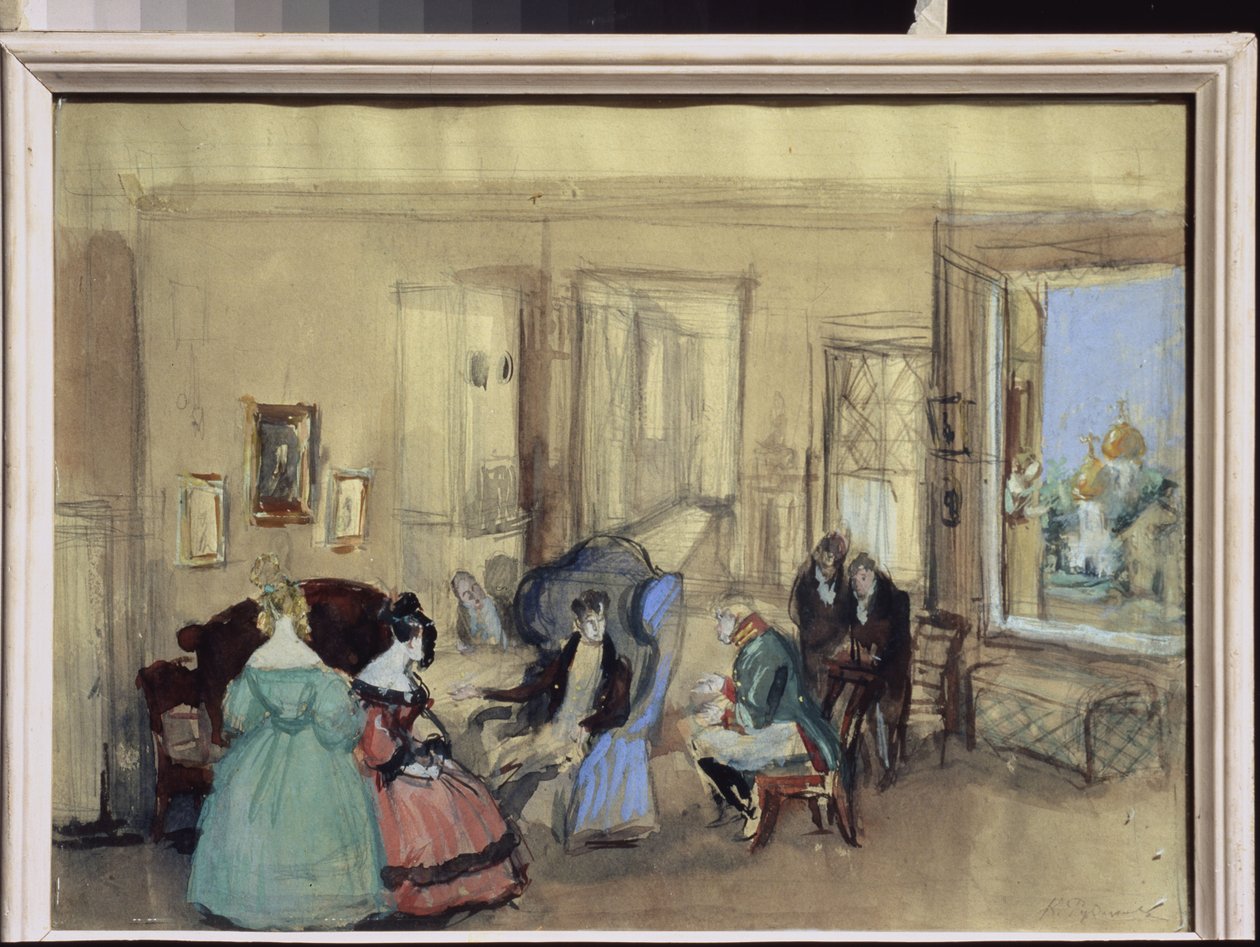 Jelenet Nicolas Gogol (1809-1852) "The Revizor" című színházi darabjából (N. Gogol The Revizor című színházi darabjából) - Konsztantyin Ivanovics Rudakov (Konsztantin Roudakov) munkája (1891-1949), akvarell és gouache, papír - Art scenograp alkotó: Konstantin Ivanovich Rudakov