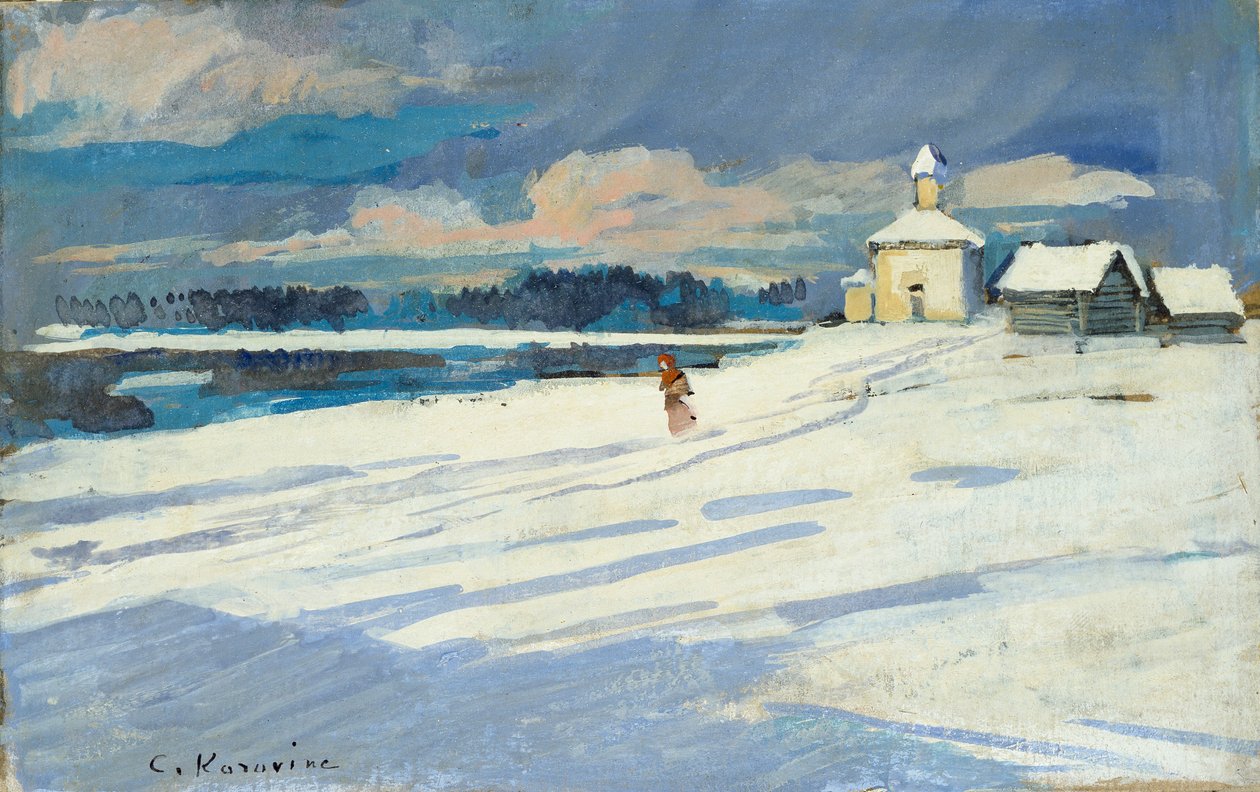 Téli táj kis templommal, 20. század eleje alkotó: Konstantin Korovin