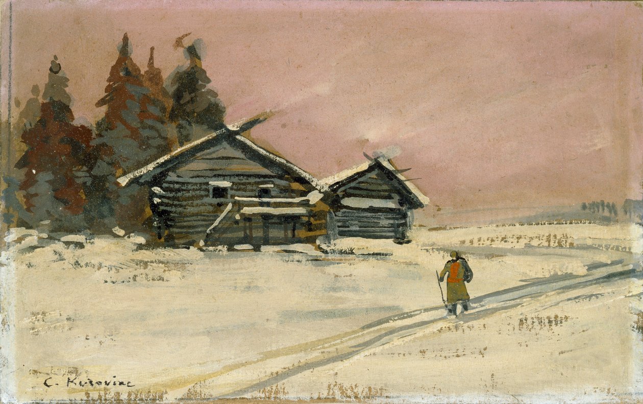 Téli táj két fakunyhóval, 20. század eleje alkotó: Konstantin Korovin