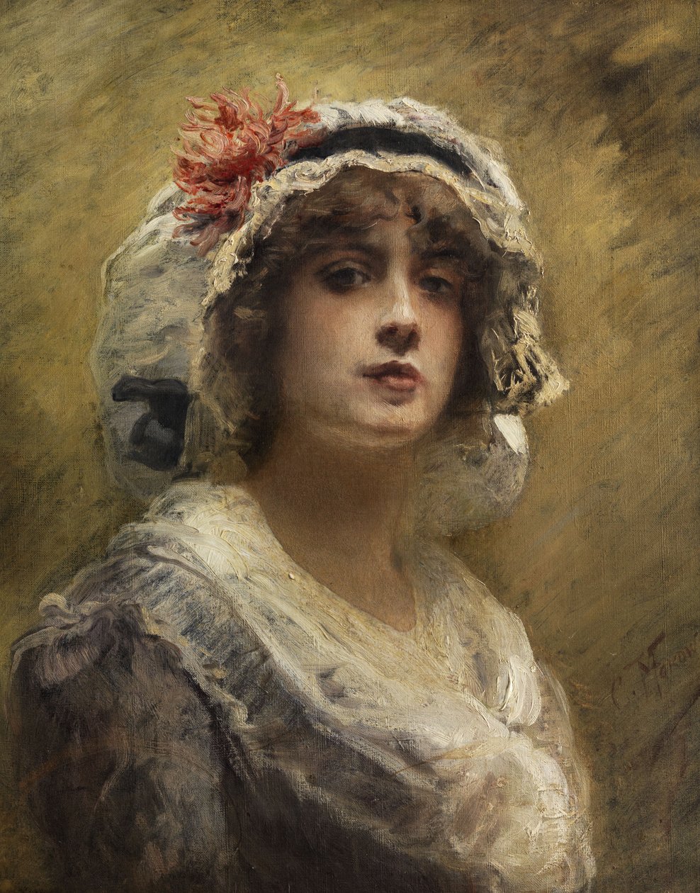 Konstantin Makovsky Egy fiatal lány portréja fehér ruhás főkötővel alkotó: Konstantin Makovsky