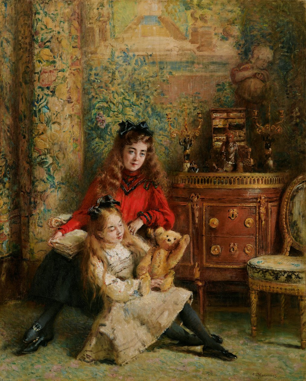 A művész lányainak portréja Olga és Marina mackóval alkotó: Konstantin Makovsky