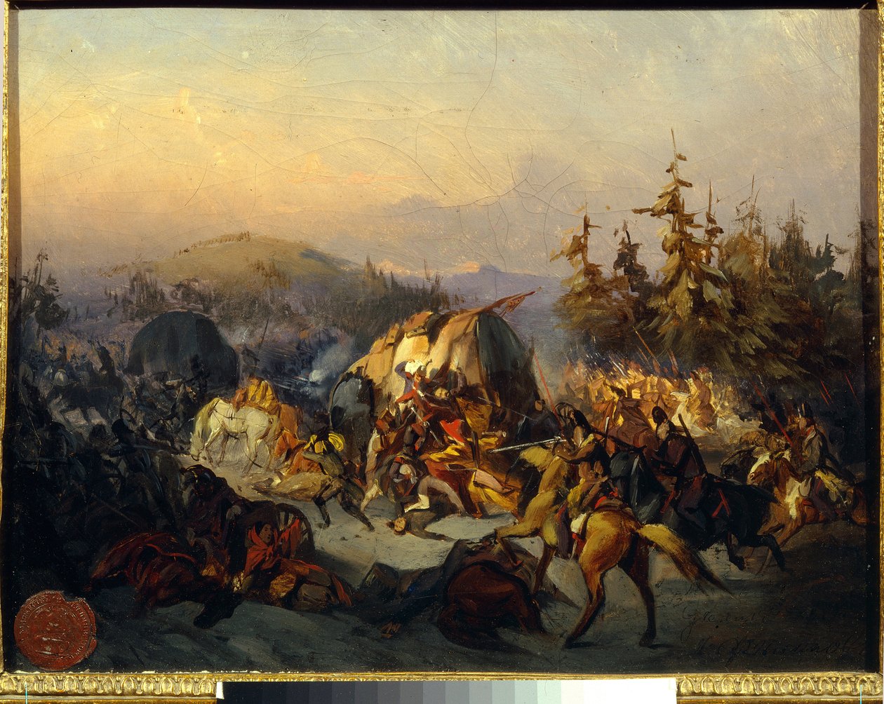 Orosz kozákok megtámadják a tranzitban lévő francia csapatokat, 1812-es moszkvai (borogyinói) csata epizódja - Konsztantyin Nikolajevics Filippov (1830-1878) festménye, olaj, vászon, 30x38 cm - Orosz kozákok megtámadják a tranzitban lévő francia csapatokat alkotó: Konstantin Nikolaevich Filippov