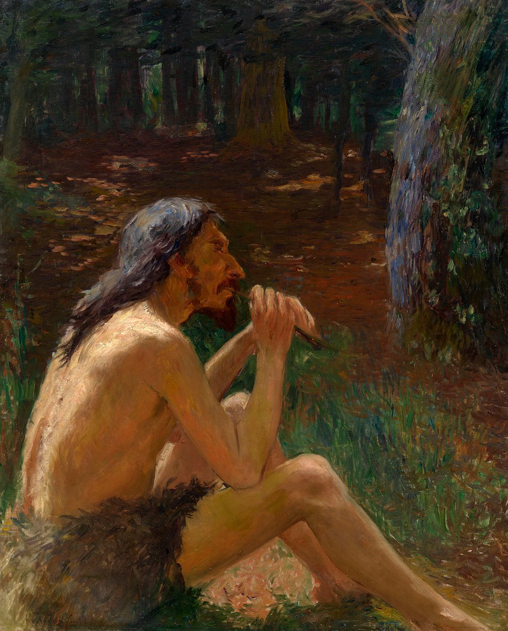 Furulyázó barlangember - Konsztantyin Pavlovics Kuznyecov (1863-1936) festménye, olaj, vászon (95x77 cm), orosz művészet 19-20. század - Magángyűjtemény alkotó: Konstantin Pavlovich Kuznetsov
