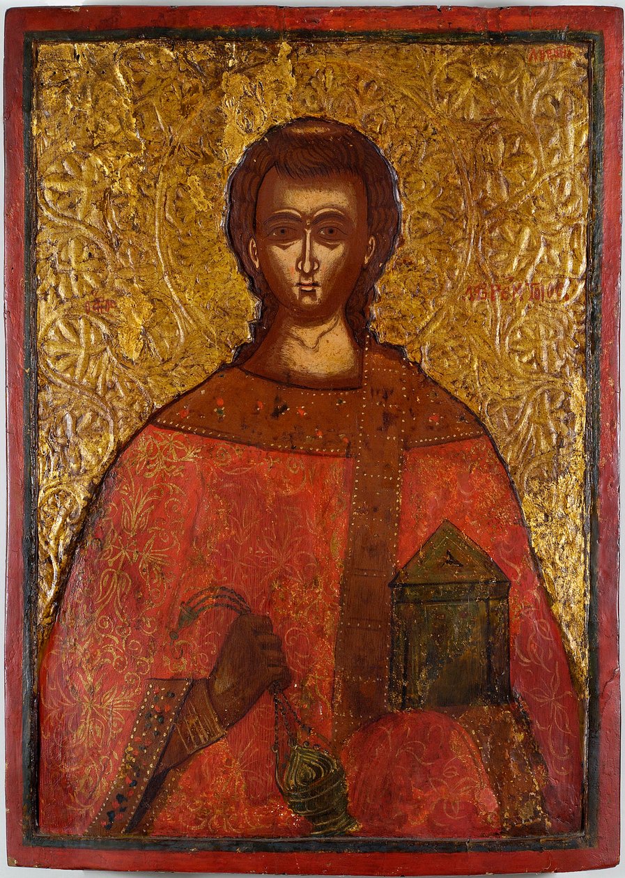 Saint Laurent (Szent Lőrinc) - Konstantinos Adrianoupolitis ikonja (aktív 17. század), tempera fán alkotó: Konstantinos Adrianoupolitis