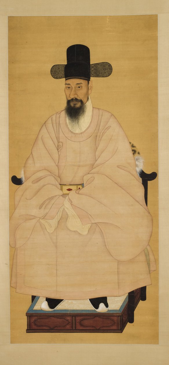 Tudós-tisztviselő portréja rózsaszín köntösben, 19. század (selyemen függő tekercs, tinta és szín) alkotó: Korean School