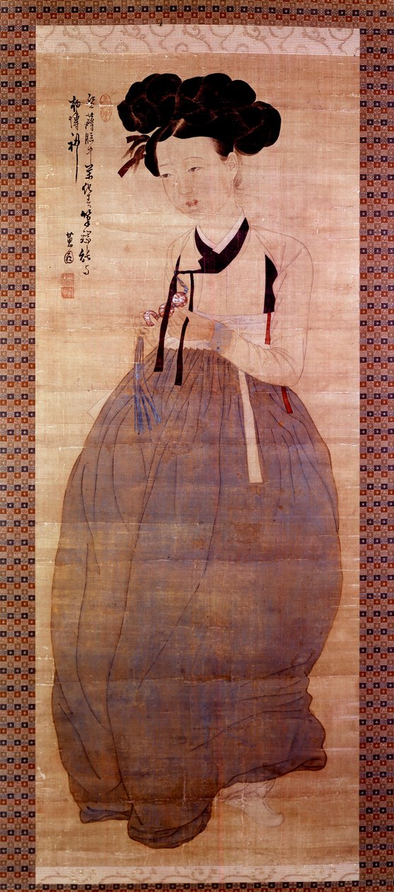 Art Coreen: gésa portréja (koreai lány gésa jelmezben). Nyomtatás 1758-ból. Magángyűjtemény. alkotó: Korean School
