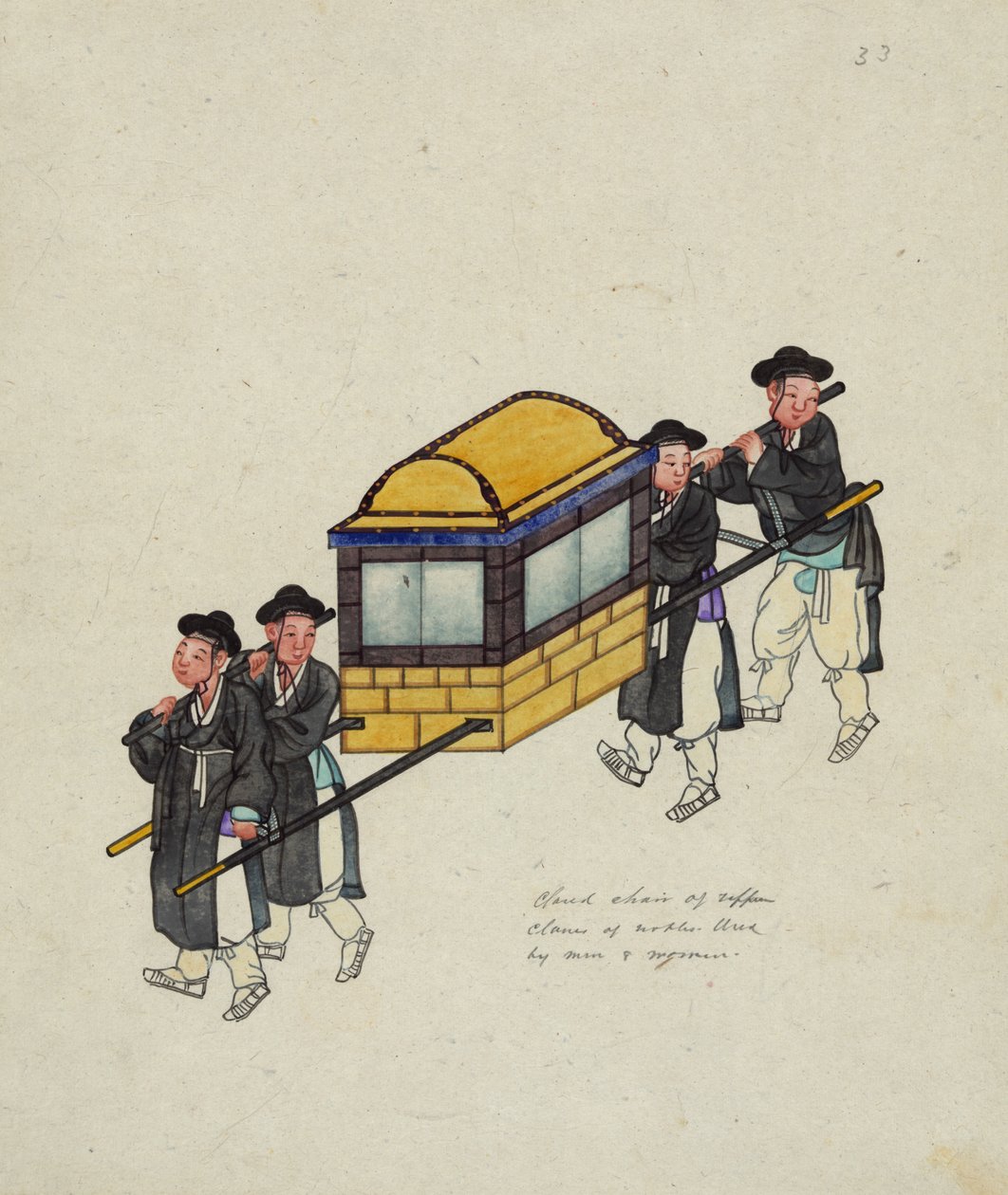 Négy hordár, akik egy tisztviselőt vittek "gamában" vagy palankinban, 1890 körül alkotó: Korean School