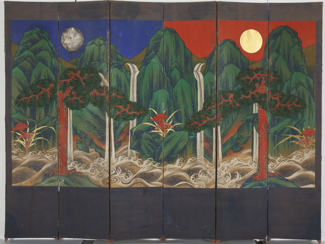 Táj (tempera és aranylevél a panelen) alkotó: Korean School