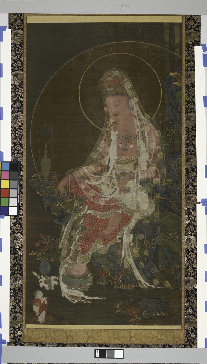 Fűzfaágú bodhiszattva Avalokiteshvara (Kwanseûm Posal) Paradicsomkertben ülve, Koryo-dinasztia (tinta, szín és arany selyemen) alkotó: Korean School