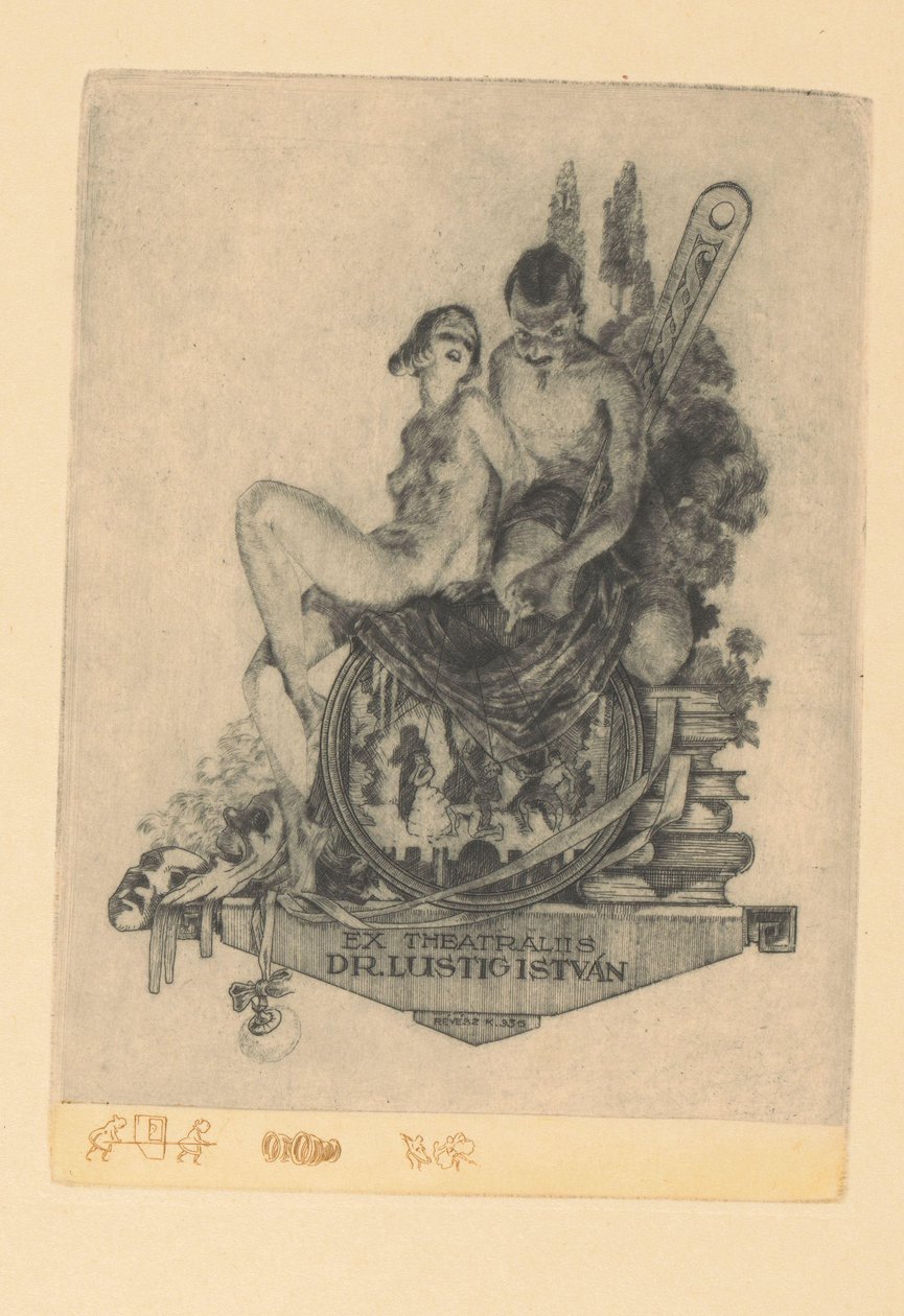 Ex libris van István Lusztig Ex theatralis dr. Lustig István (title on object) alkotó: Kornél Révész