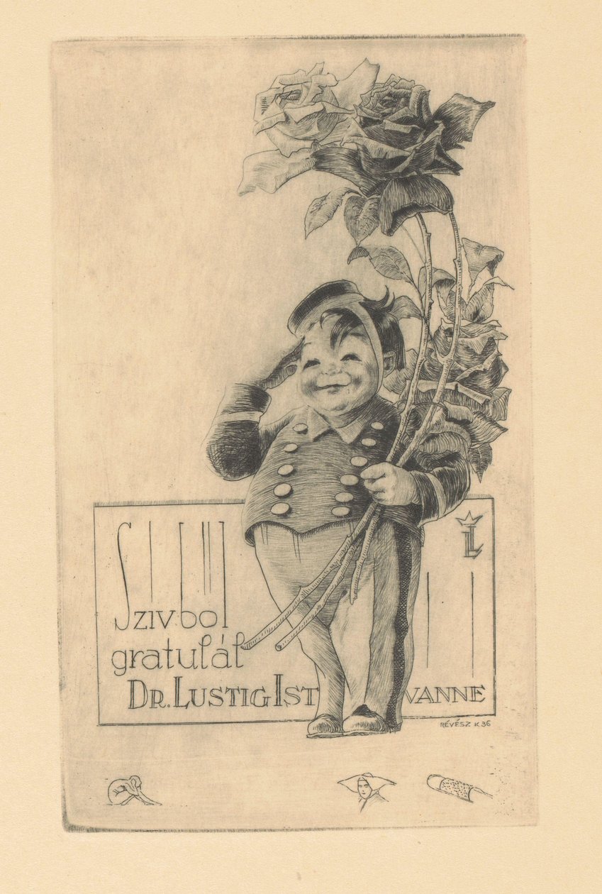 Felicitatie van Istvan Lusztig Szívböl gratulár dr. Lustig Istvánné (title on object) alkotó: Kornél Révész